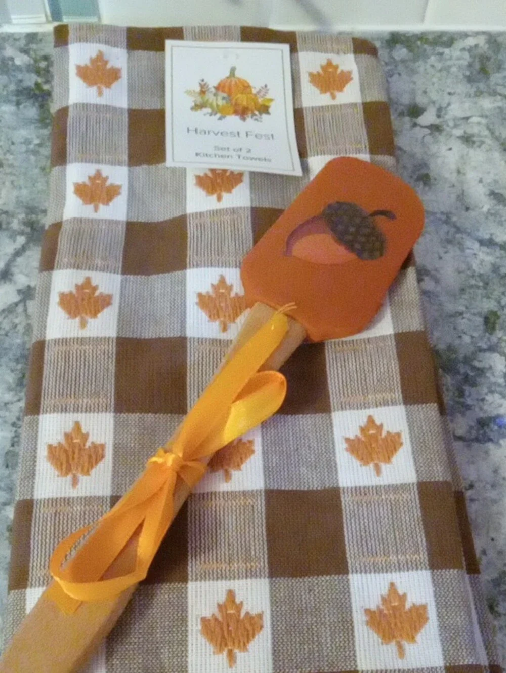 Harvest Fest Orange & Brown Check Kitchen Towel Set Of 2 with Autumn Spatula